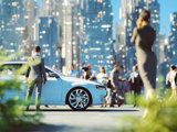 Outdoor Scene Of People Alongside A White Car With City Backdrop